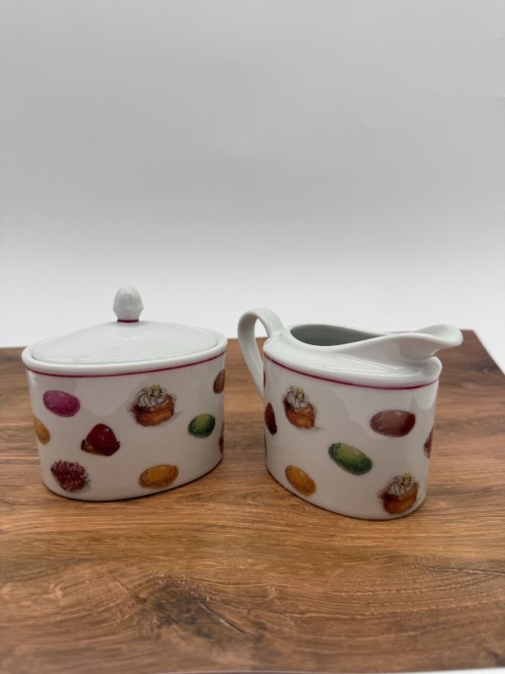 Fauchon Paris Porcelain Sugar Bowl Creamer Set Pastry Macaron Print France